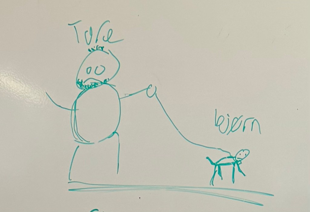Strektegning av mann med hund i bånd.